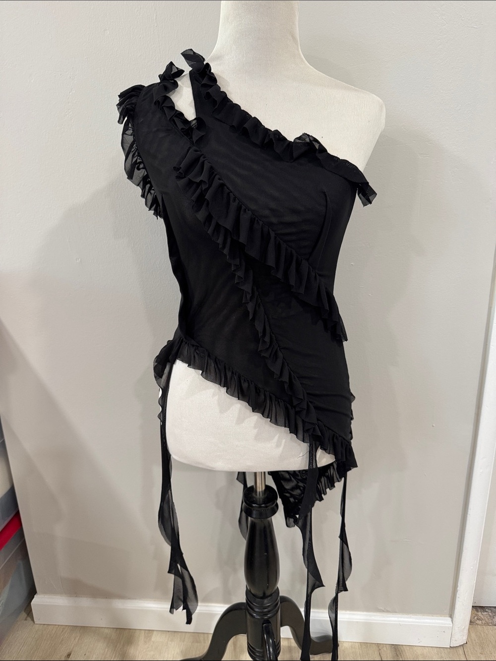 Finesse Y2K One-Shoulder Black Ruffle mesh semi sheer top whimsigoth dark fairy
